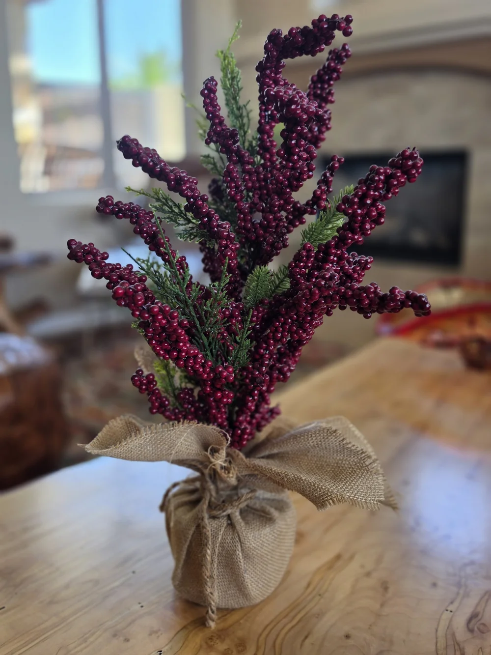 Burgundy Berry Branches in Burlap Pot Weighted Base - Home Accent - EUC
